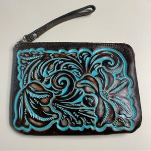 Patricia Nash Cassini Tooled Leather Oversized Wristlet Turquoise Brown